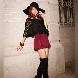 Rienda Gyaru Burgundy Red Suede Pleated Micro Mini Skirt With Shorts